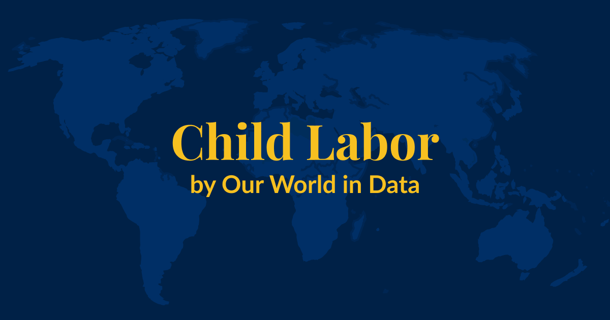 A dark blue background with a lighter blue world map superimposed over it. Yellow text that says Child Labor by Our World in Data