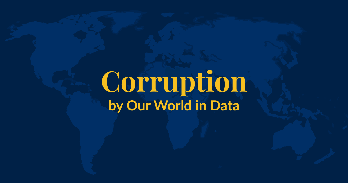 A dark blue background with a lighter blue world map superimposed over it. Yellow text that says Corruption by Our World in Data