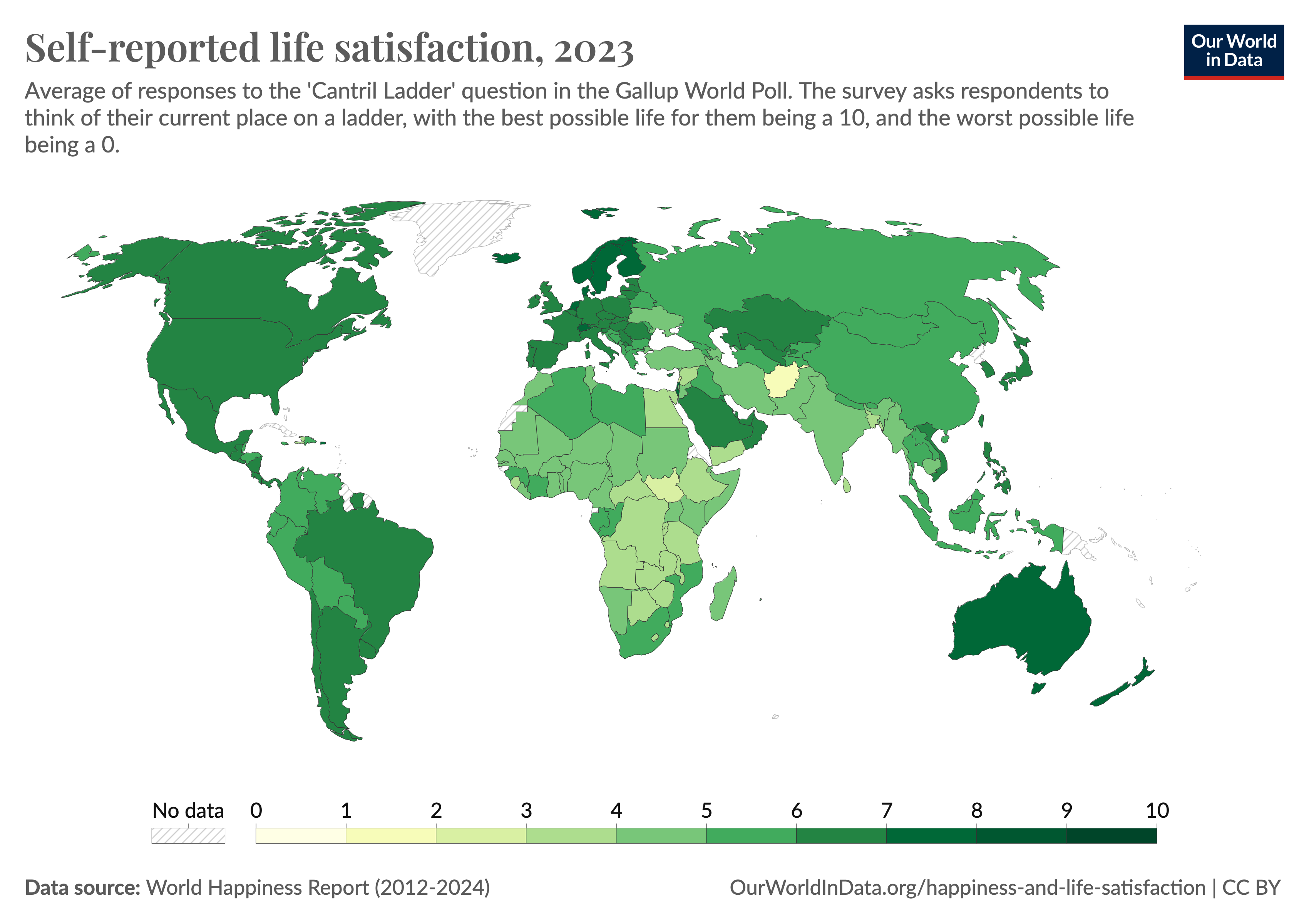 A world map indicating self-reported life satisfaction for each country. Darker shades of green show higher life satisfaction in, e.g., Europe, Australia, North America, Saudi Arabia, and Brazil. Lighter shades show lower life satisfaction in, e.g., Afghanistan, India, Pakistan, and many African countries.