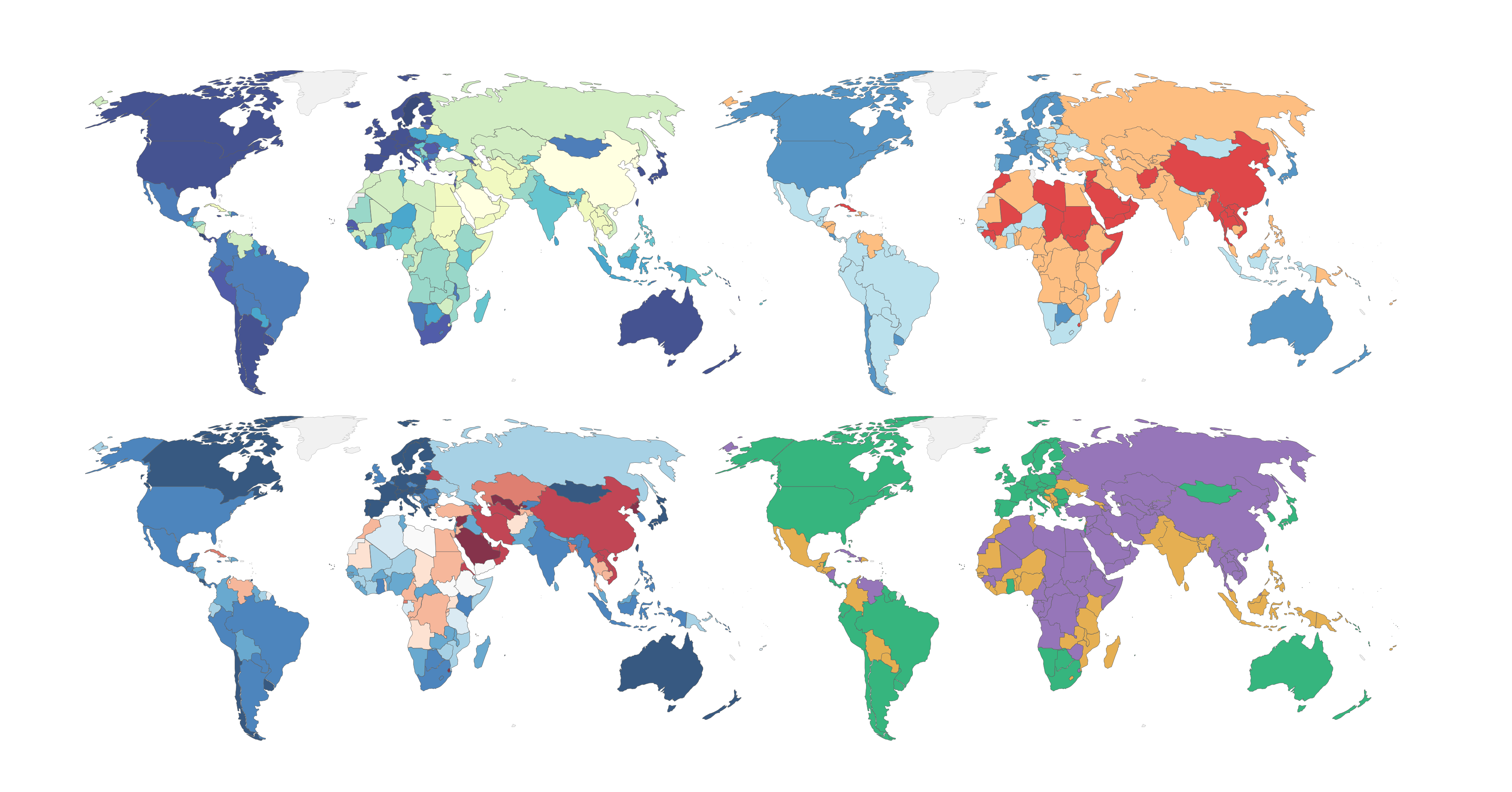 Featured image for article on how researchers measure democracy. Four stylized world maps in different colors, reflecting varying data sources.