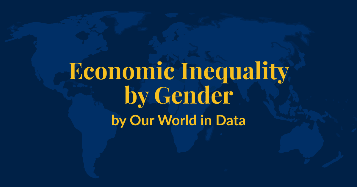 A dark blue background with a lighter blue world map superimposed over it. Yellow text that says Economic Inequality by Gender by Our World in Data