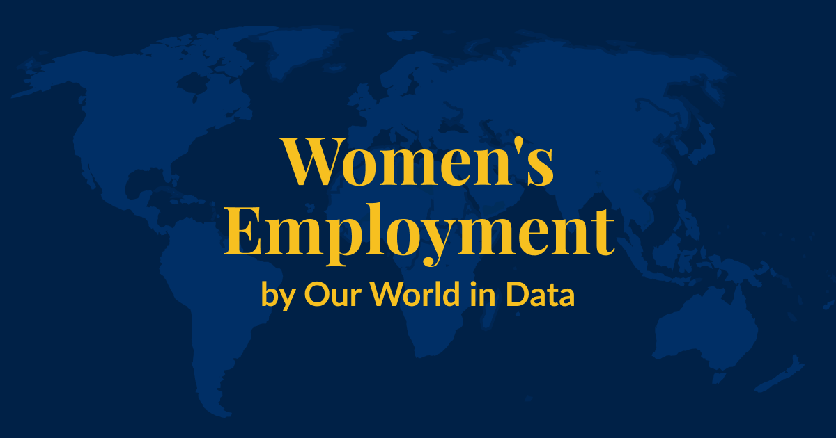 A dark blue background with a lighter blue world map superimposed over it. Yellow text that says Women's Employment by Our World in Data