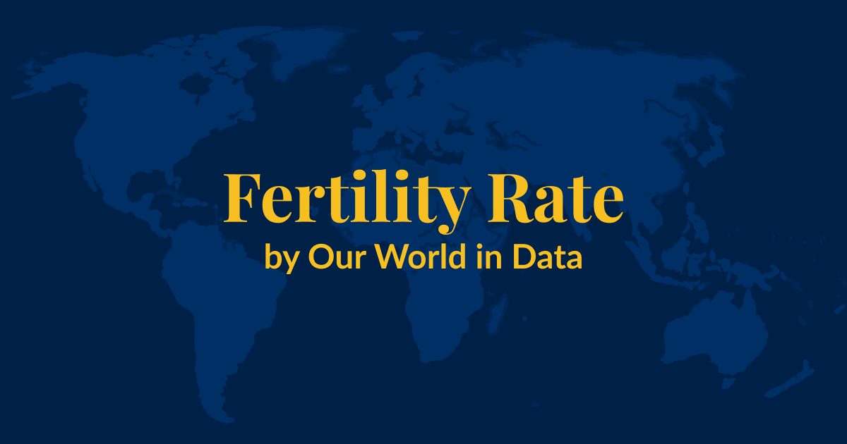 A dark blue background with a lighter blue world map superimposed over it. Yellow text that says Fertility Rate by Our World in Data