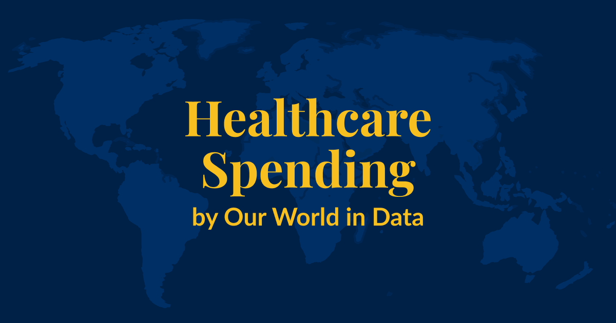 A dark blue background with a lighter blue world map superimposed over it. Yellow text that says Financing Healthcare by Our World in Data