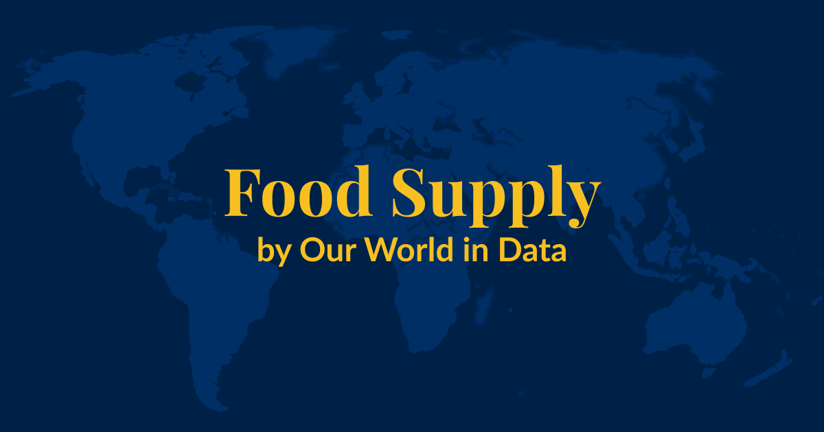 A dark blue background with a lighter blue world map superimposed over it. Yellow text that says Food Supply by Our World in Data