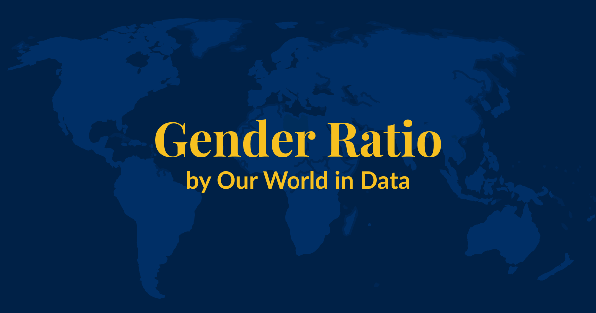 A dark blue background with a lighter blue world map superimposed over it. Yellow text that says Gender Ratio by Our World in Data