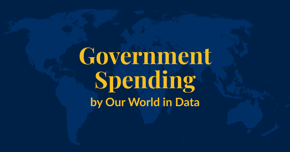 A dark blue background with a lighter blue world map superimposed over it. Yellow text that says Government Spending by Our World in Data