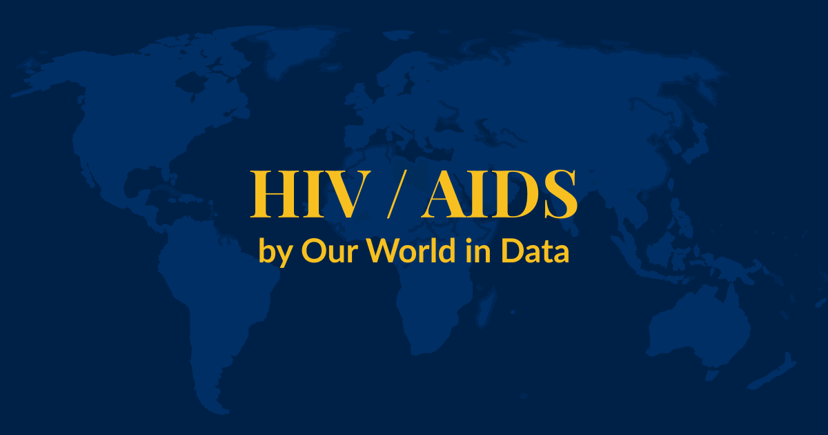 A dark blue background with a lighter blue world map superimposed over it. Yellow text that says HIV/AIDS by Our World in Data