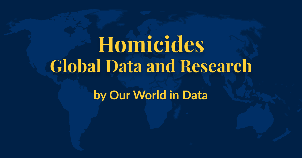 Featured image for the topic page on Homicides. Stylized world map with topic name and content on top.