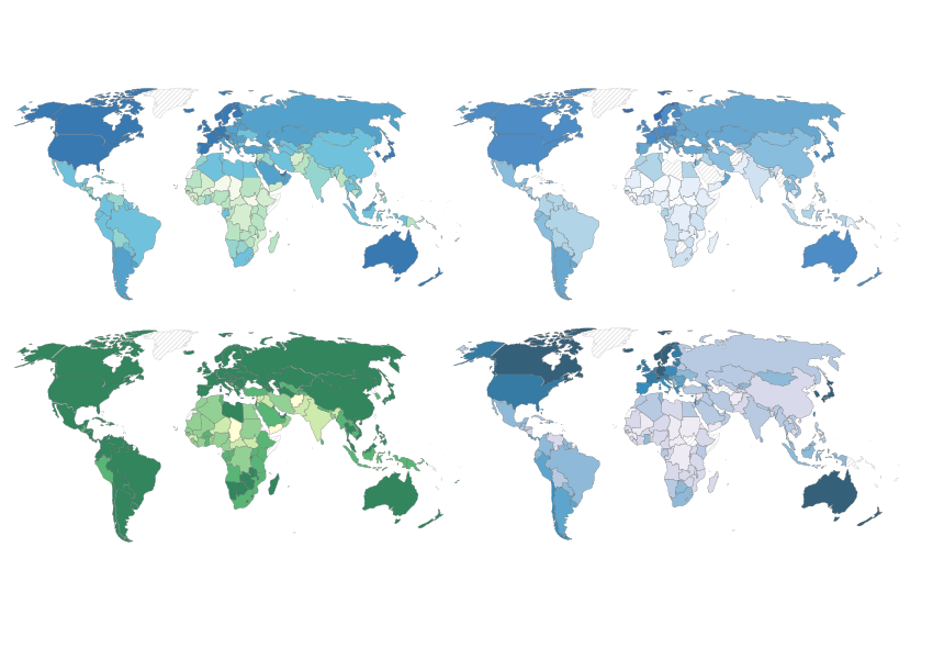 Featured image for the article on the Human Development indices. Stylized world maps of the different indices.