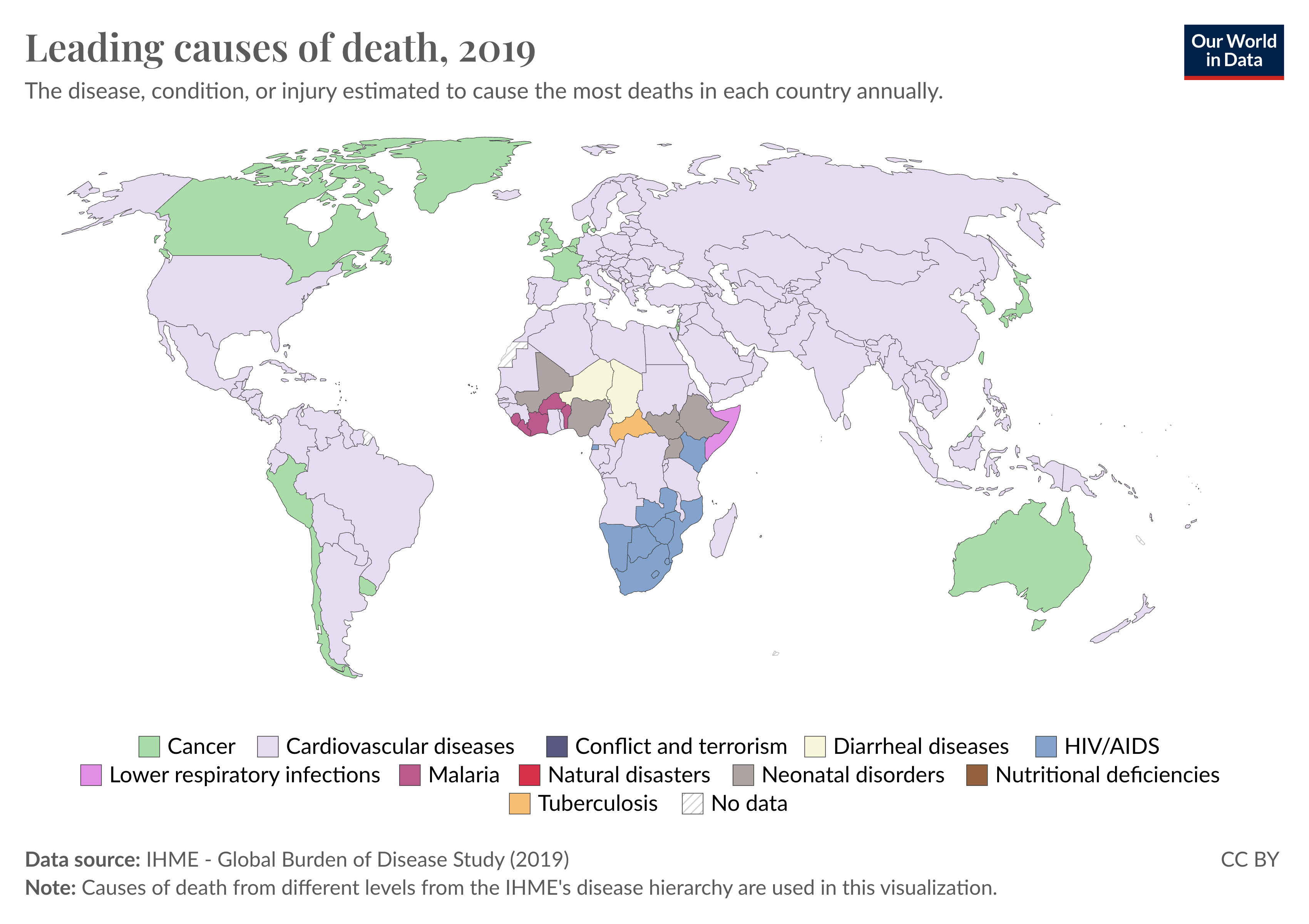 The leading cause of death in each country, shown on a map.