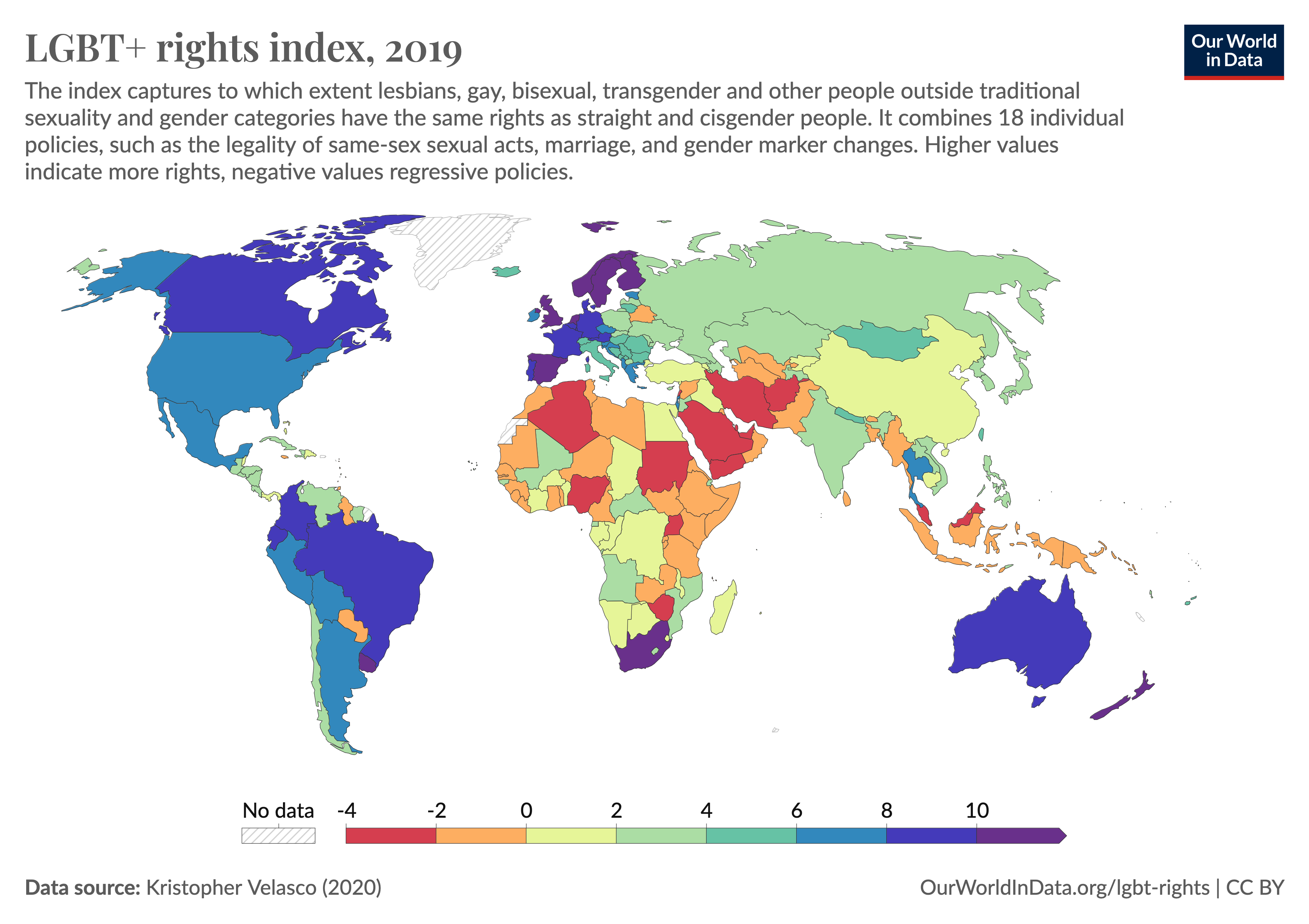 Map showing a map of the LGBT+ rights index for 2019, which combines information on policies such as the legality of same-sex sexual acts, marriage, and gender marker changes to show that LGBT+ rights vary a lot across countries.