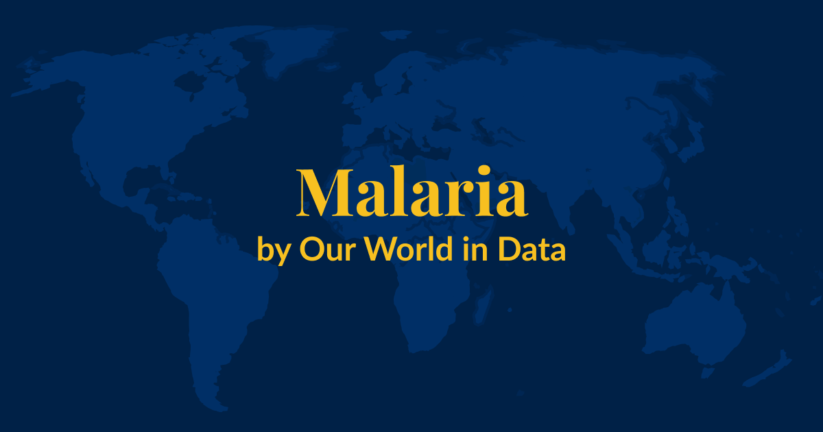A dark blue background with a lighter blue world map superimposed over it. Yellow text that says Malaria by Our World in Data