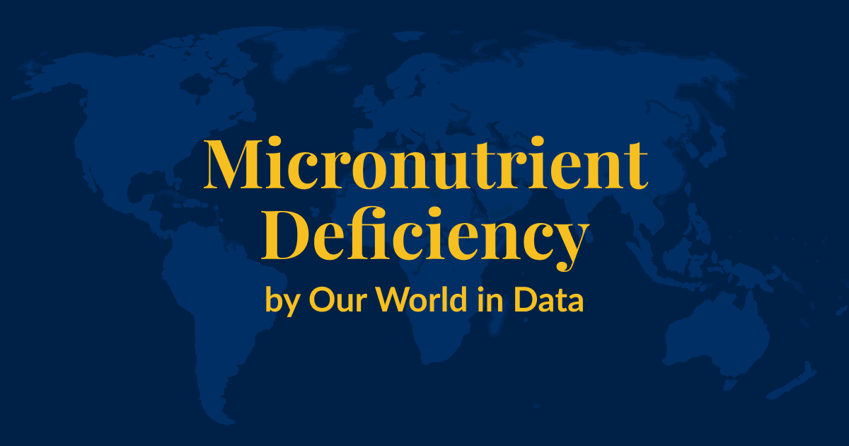 A dark blue background with a lighter blue world map superimposed over it. Yellow text that says Micronutrient Deficiency by Our World in Data