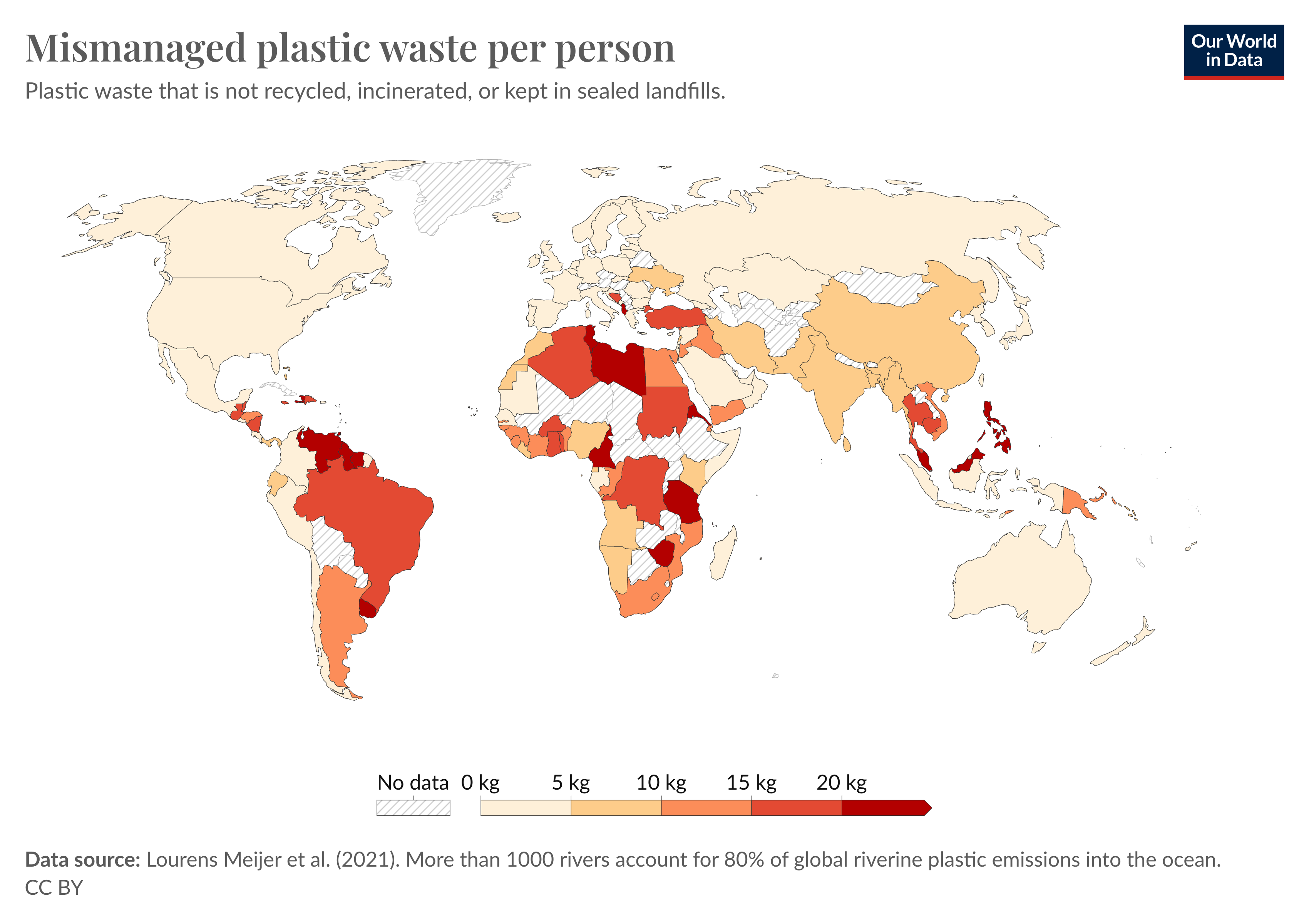 Global map showing mismanaged plastic waste per person. This tends to be higher in low and middle-income countries.