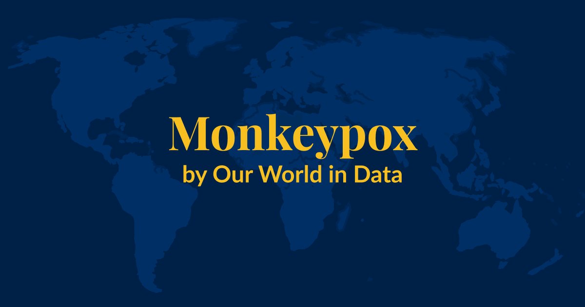 A dark blue background with a lighter blue world map superimposed over it. Yellow text that says Monkeypox by Our World in Data