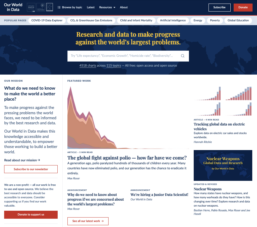 A screenshot showing the new design of the Our World in Data homepage