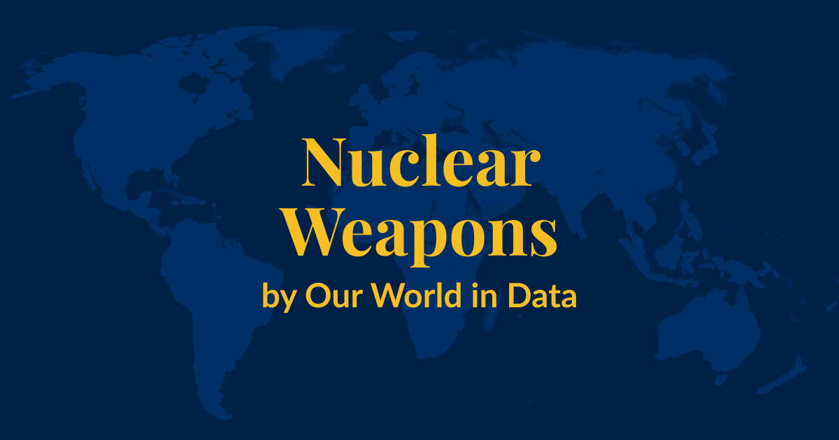 A dark blue background with a lighter blue world map superimposed over it. Yellow text that says Nuclear Weapons by Our World in Data