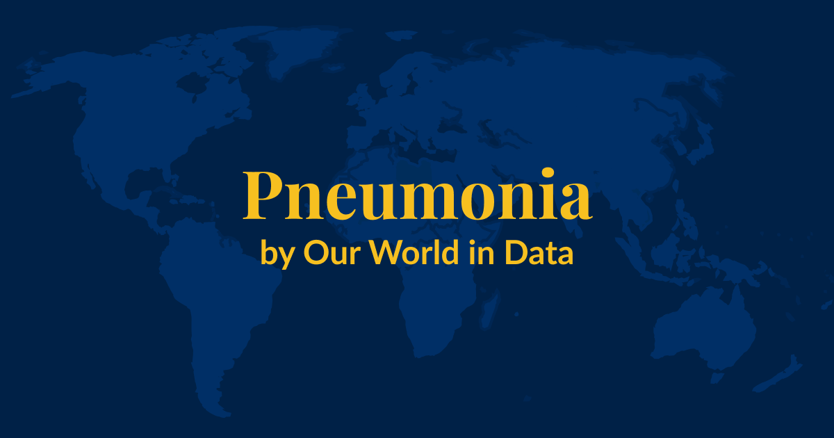 A dark blue background with a lighter blue world map superimposed over it. Yellow text that says Pneumonia by Our World in Data