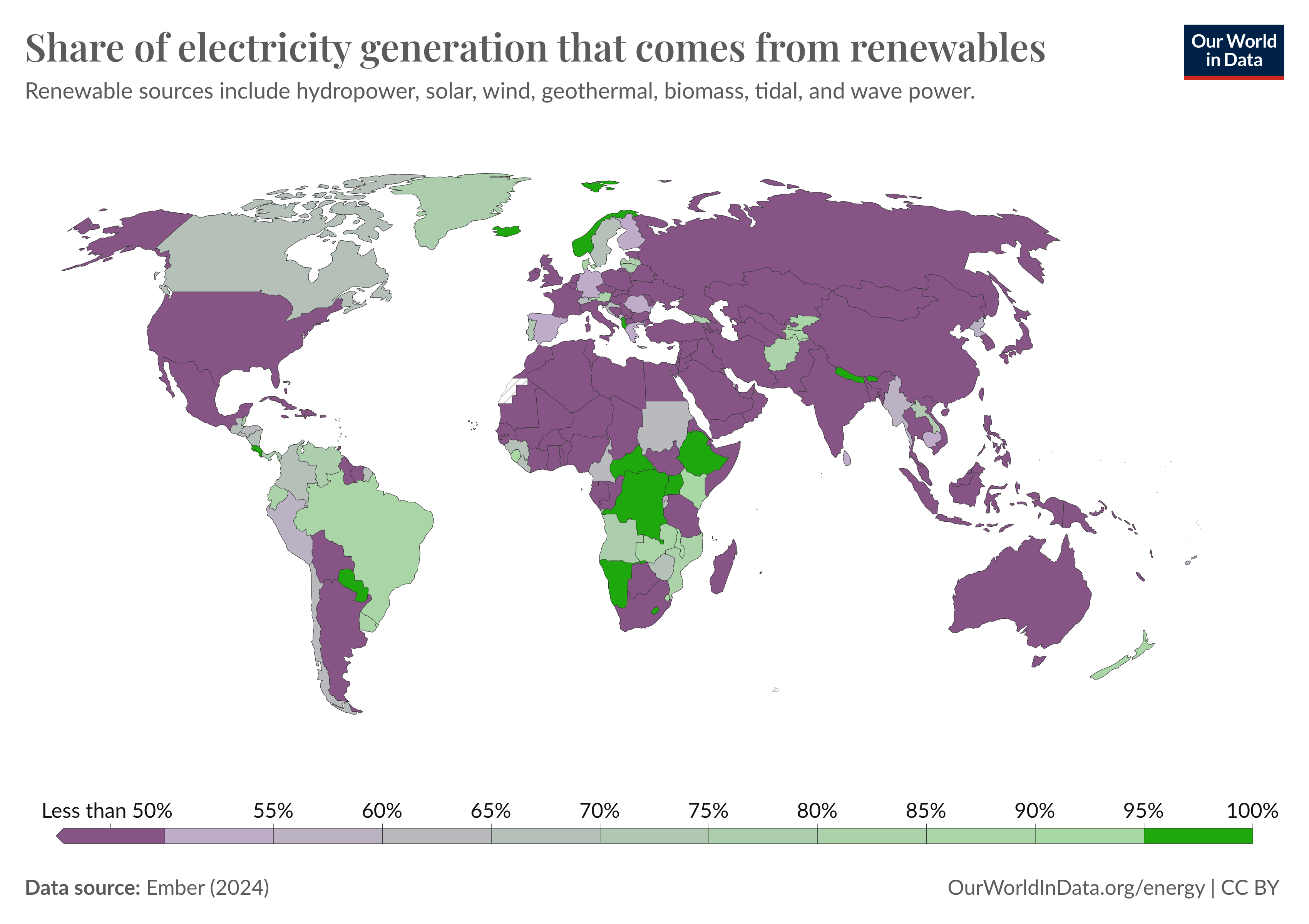 World map showing the percentage of renewable electricity. Countries with over 95% renewable electricity are highlighted in green.