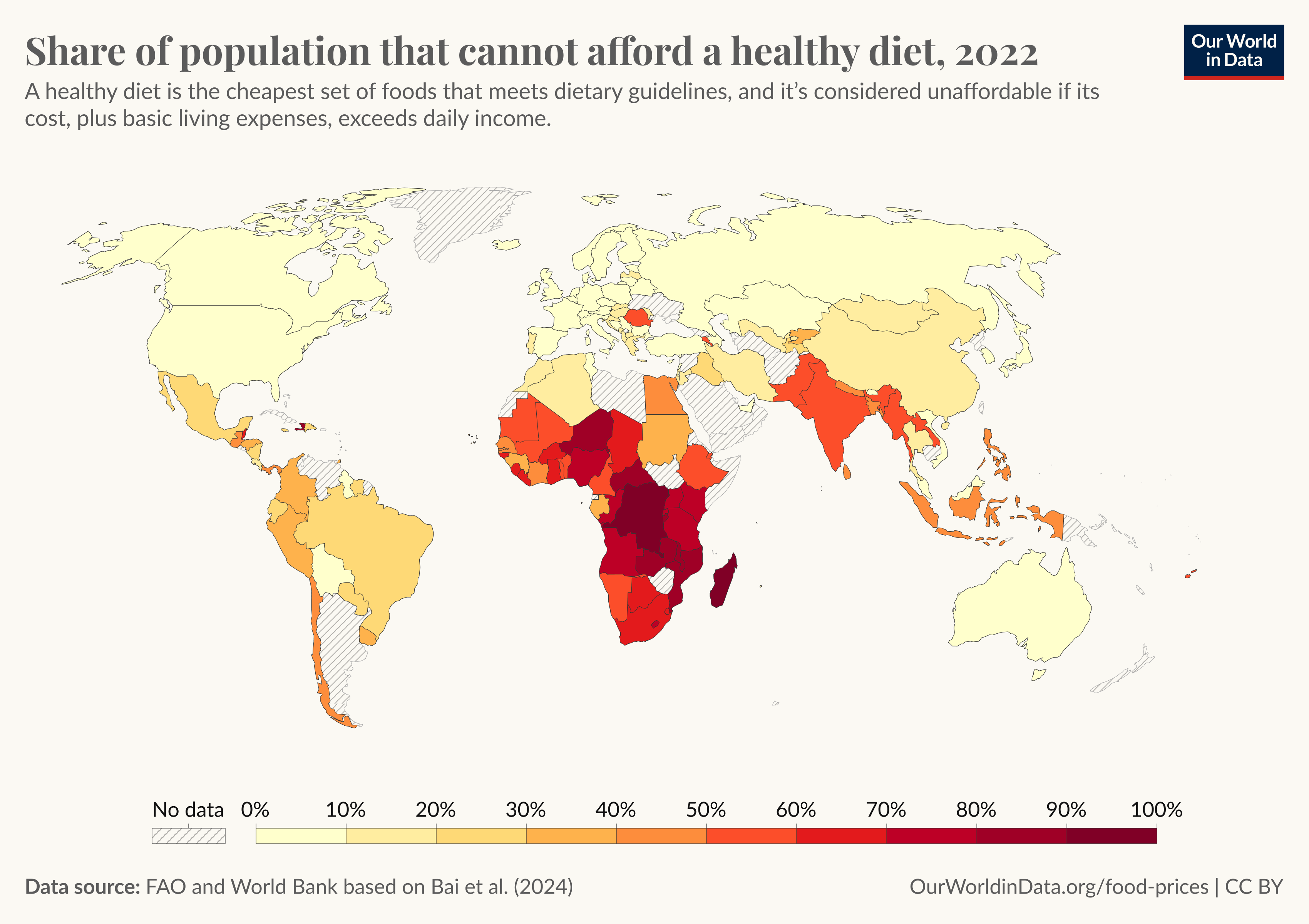 A world map showing the share of the population that cannot afford a healthy diet in 2022. Countries are color-coded, with higher percentages in dark red (above 50%) and lower percentages in yellow (0-10%). Most of Sub-Saharan Africa and parts of South Asia have the highest shares. Data source: Herforth et al. (2022), adapted by World Bank (2024).