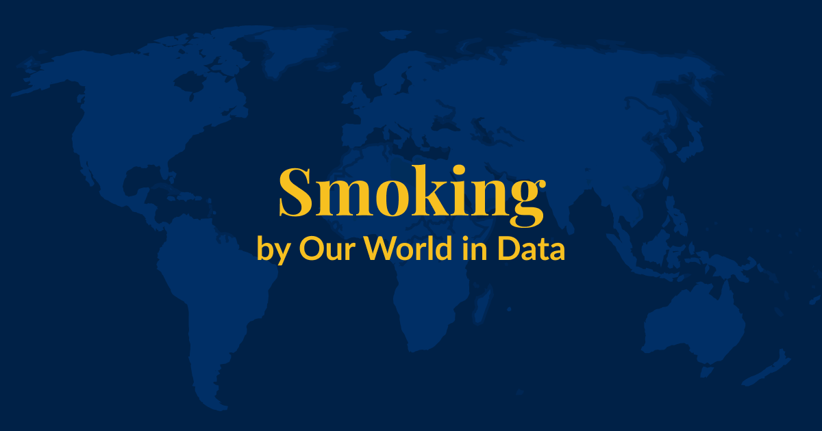 A dark blue background with a lighter blue world map superimposed over it. Yellow text that says Smoking by Our World in Data