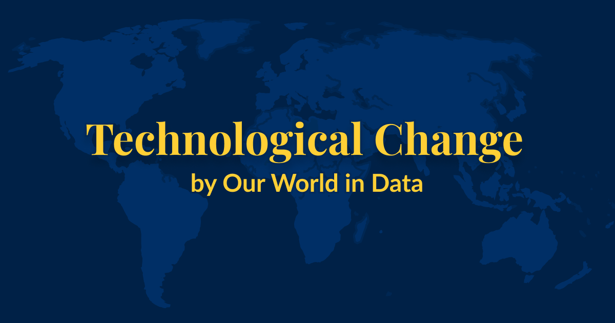 A dark blue background with a lighter blue world map superimposed over it. Yellow text that says Technological Change by Our World in Data