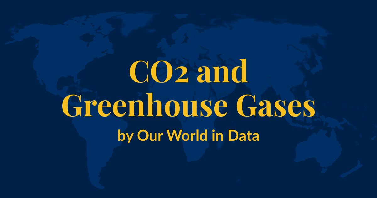 A dark blue background with a lighter blue world map superimposed over it. Yellow text that says CO2 and Greenhouse Gas Emissions by Our World in Data