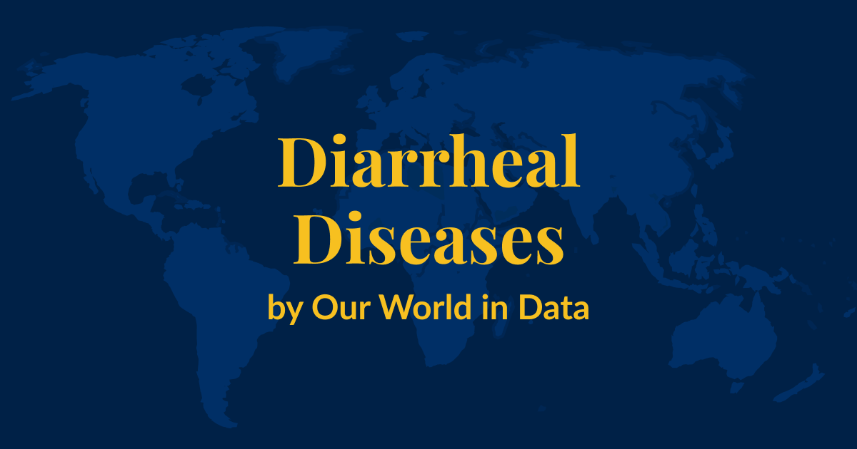 A dark blue background with a lighter blue world map superimposed over it. Yellow text that says Diarrheal Diseases by Our World in Data