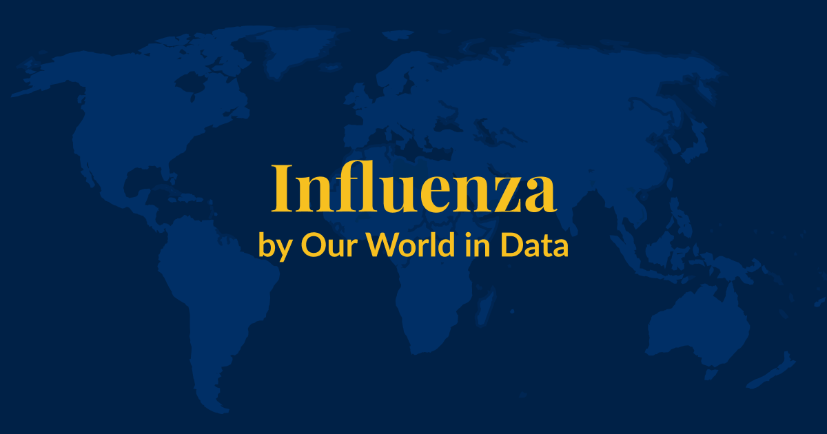 A dark blue background with a lighter blue world map superimposed over it. Yellow text that says Influenza by Our World in Data