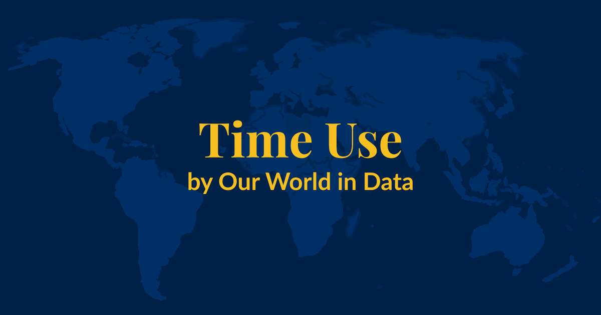 A dark blue background with a lighter blue world map superimposed over it. Yellow text that says Time Use by Our World in Data