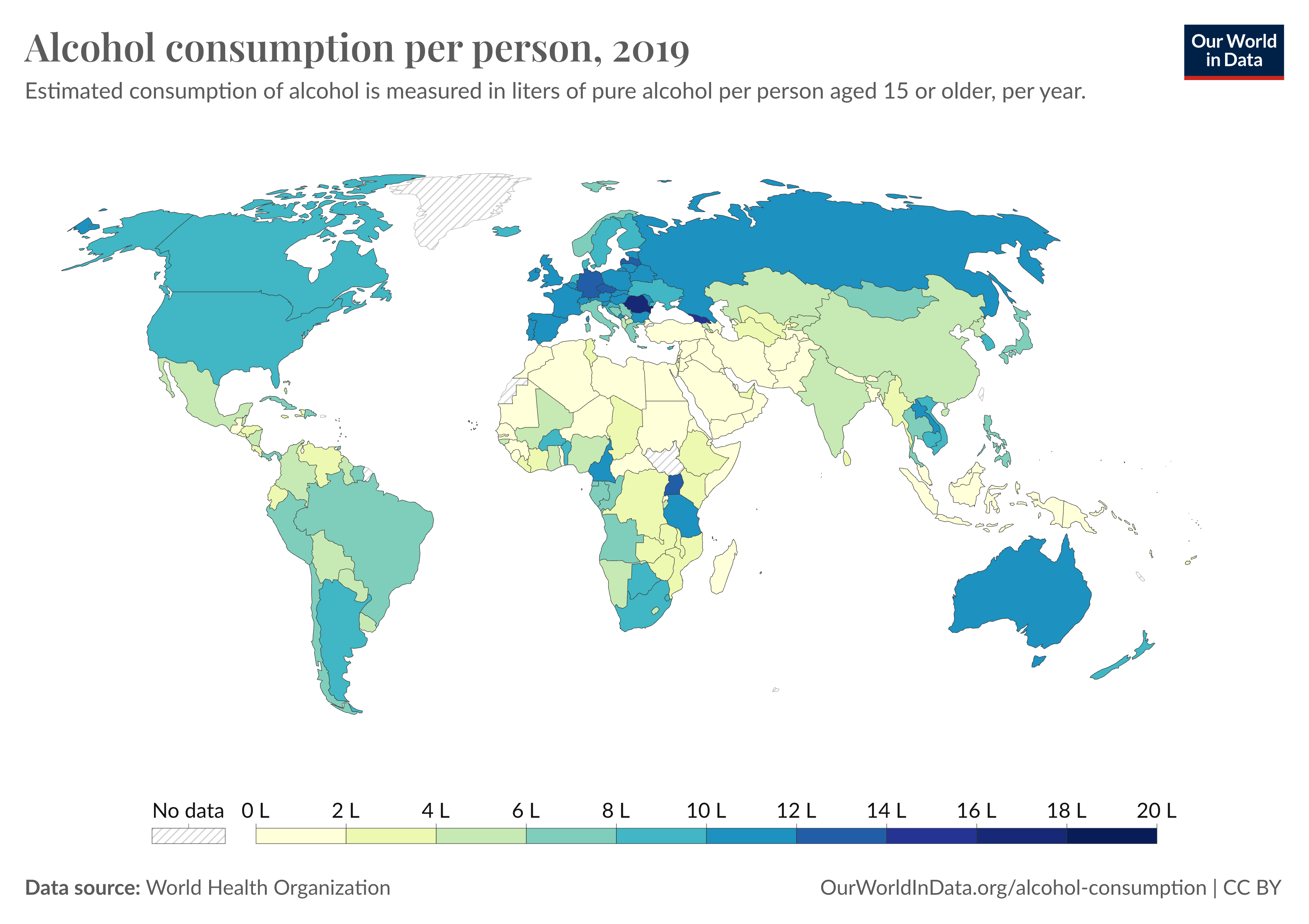 world map showing alcohol consumption per person for 2019, version for desktop