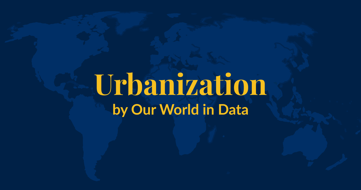 A dark blue background with a lighter blue world map superimposed over it. Yellow text that says Urbanization by Our World in Data