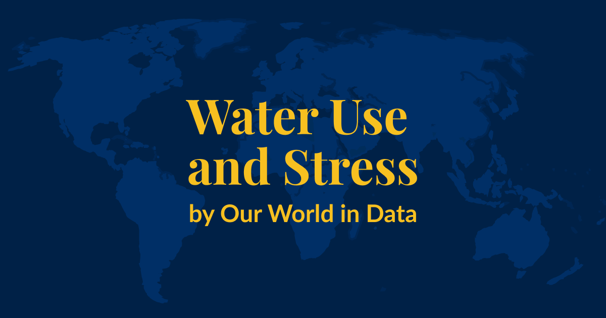 A dark blue background with a lighter blue world map superimposed over it. Yellow text that says Water Use and  Stress by Our World in Data
