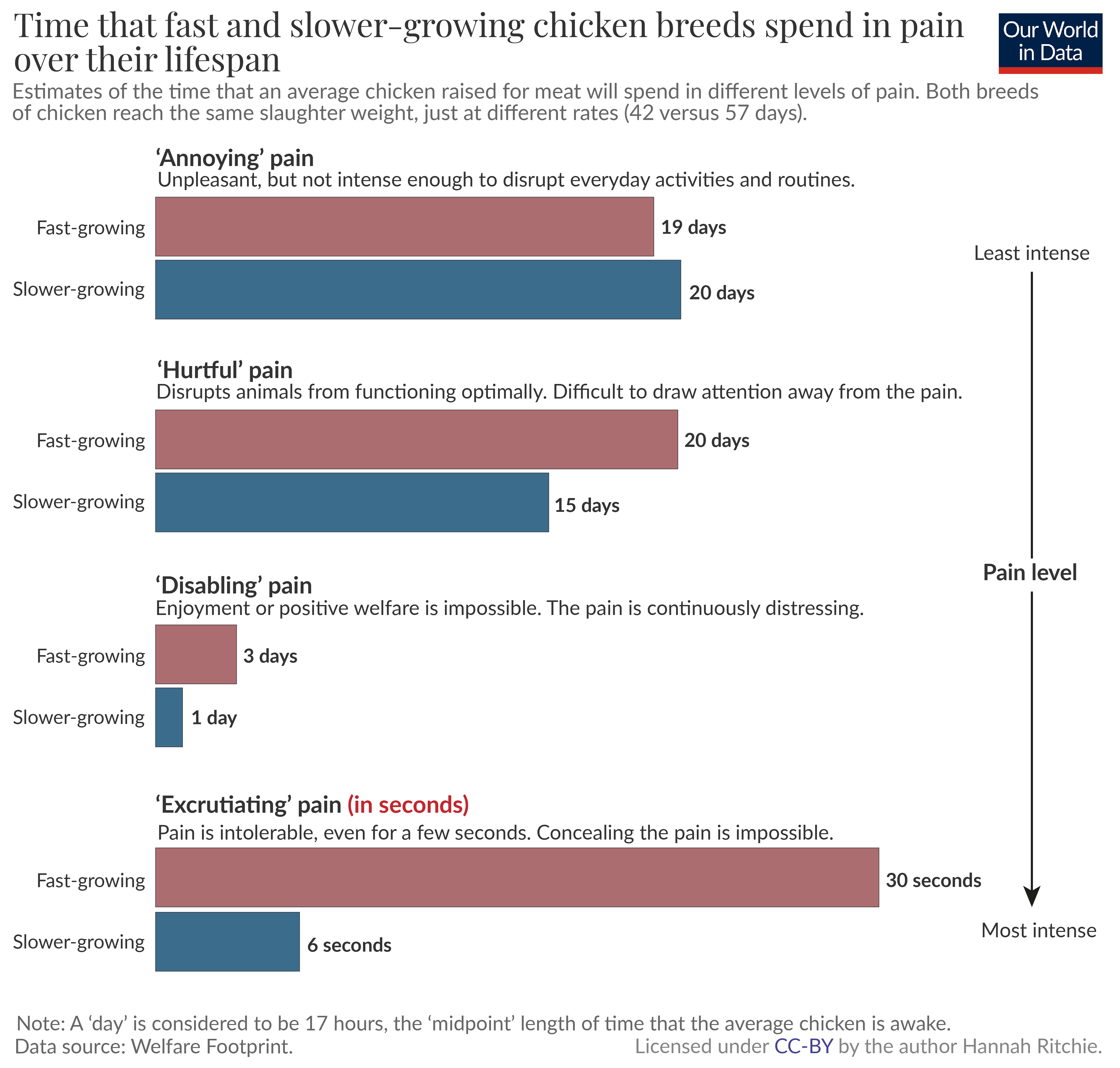 Grouped bar chart showing levels of pain in fast- and slower-growing chicken breeds. For all levels of pain, except 'annoying' pain, fast-growing breeds experience more days.