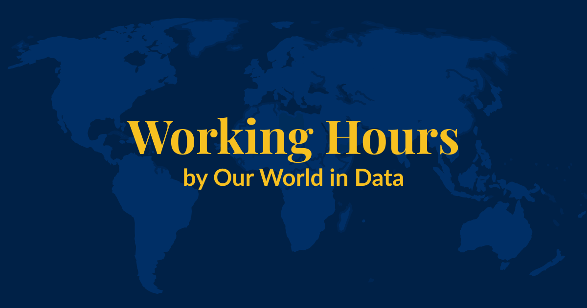 A dark blue background with a lighter blue world map superimposed over it. Yellow text that says Working Hours by Our World in Data