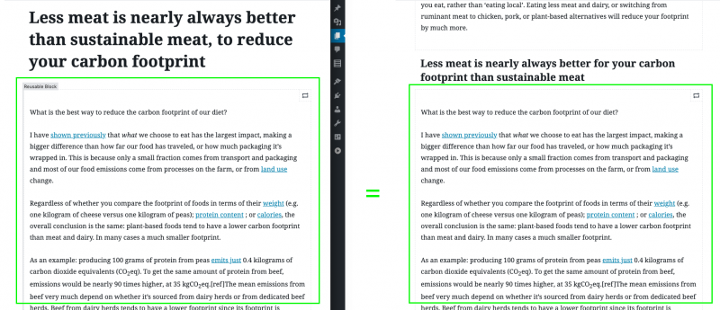 The same reusable block shown in an article (left) and a blog post (right), as seen from the editor