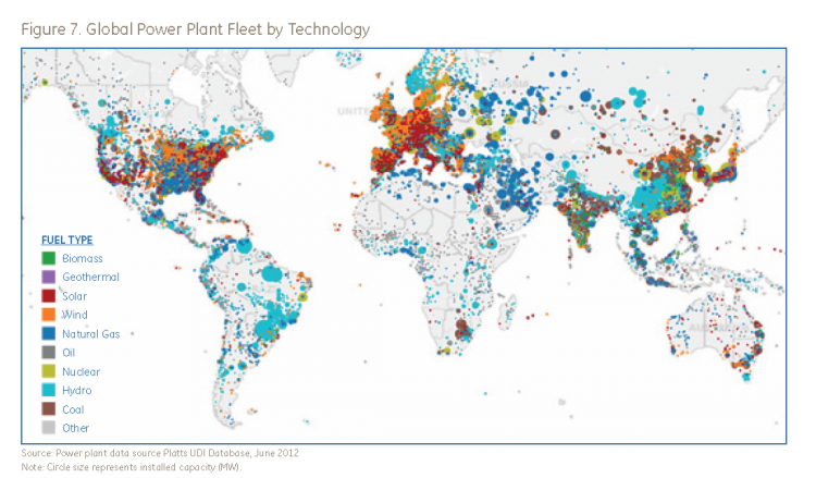 World Map of the Global Power plant fleet by technology – Evans and Annunziata (2012)0